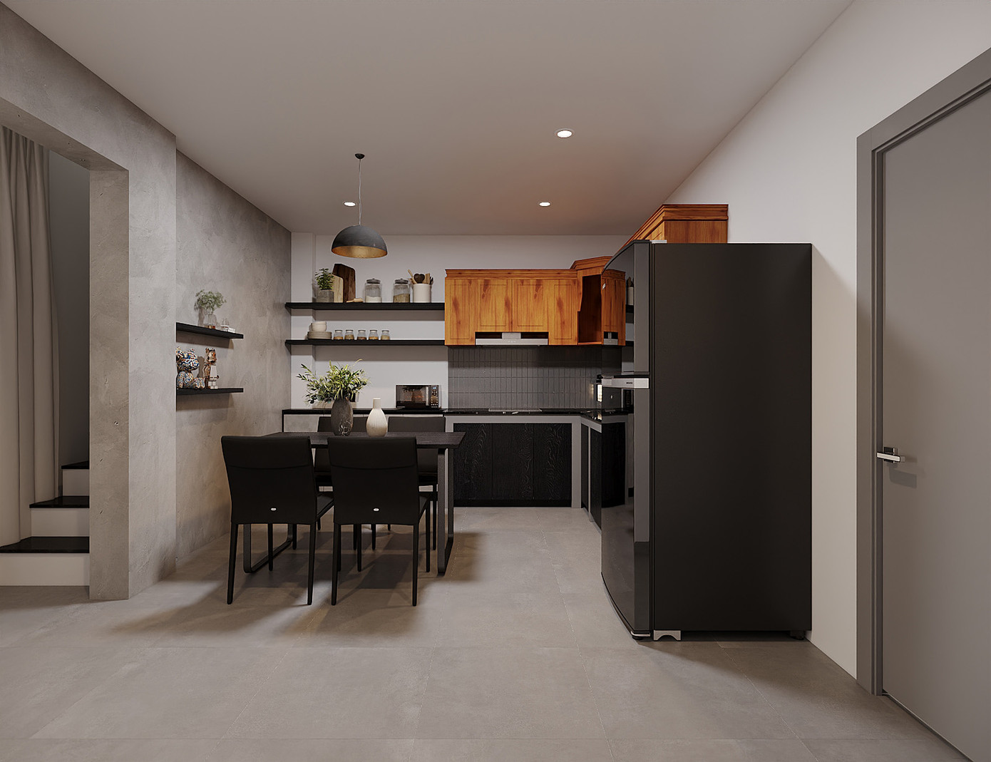 Tông màu đen trắng và sơn bê tông hiệu ứng đã làm bật lên được sự sang trọng của căn bếp.