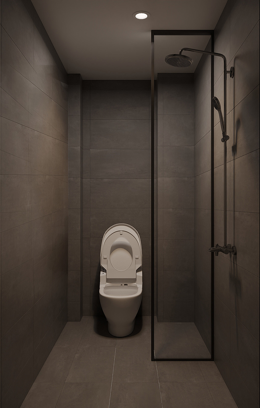 Bên ngoài nhà vệ sinh là chậu rửa mặt và là nơi để máy giặt, đồng thời khu vực này cũng được tận dụng làm lỗ thông tầng để giúp cho phòng được sáng thêm.