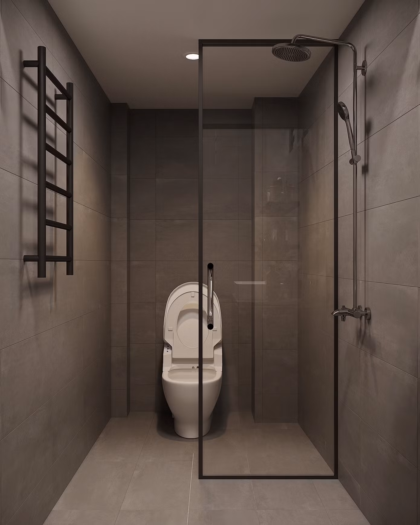 Tại khu vực nhà vệ sinh, do các thiết bị và mảng tường quá cũ nên KTS đã thay đổi toàn bộ gạch và thiết bị vệ sinh, tách riêng không gian khô và ướt của nhà vệ sinh.