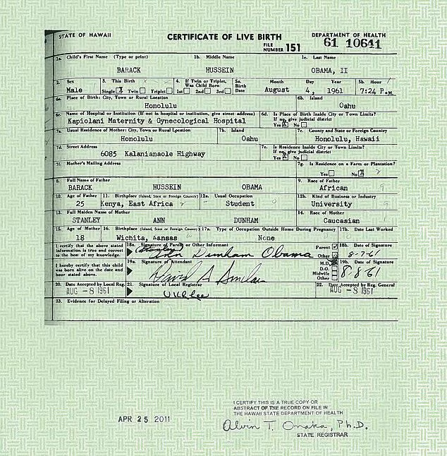 Bản sao giấy khai sinh của Tổng thống Obama được công bố hôm 27-4. Bản sao giấy khai sinh của Tổng thống Obama được công bố hôm 27-4