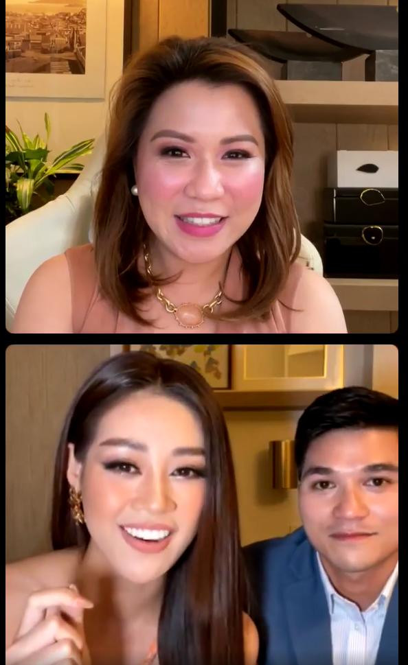 Khánh Vân trong buổi livestream cùng với bà Olivia Quido - một đại diện nhà tài trợ của cuộc thi Miss Universe 2020. Khánh Vân trong buổi livestream cùng với bà Olivia Quido - một đại diện nhà tài trợ của cuộc thi Miss Universe 2020.