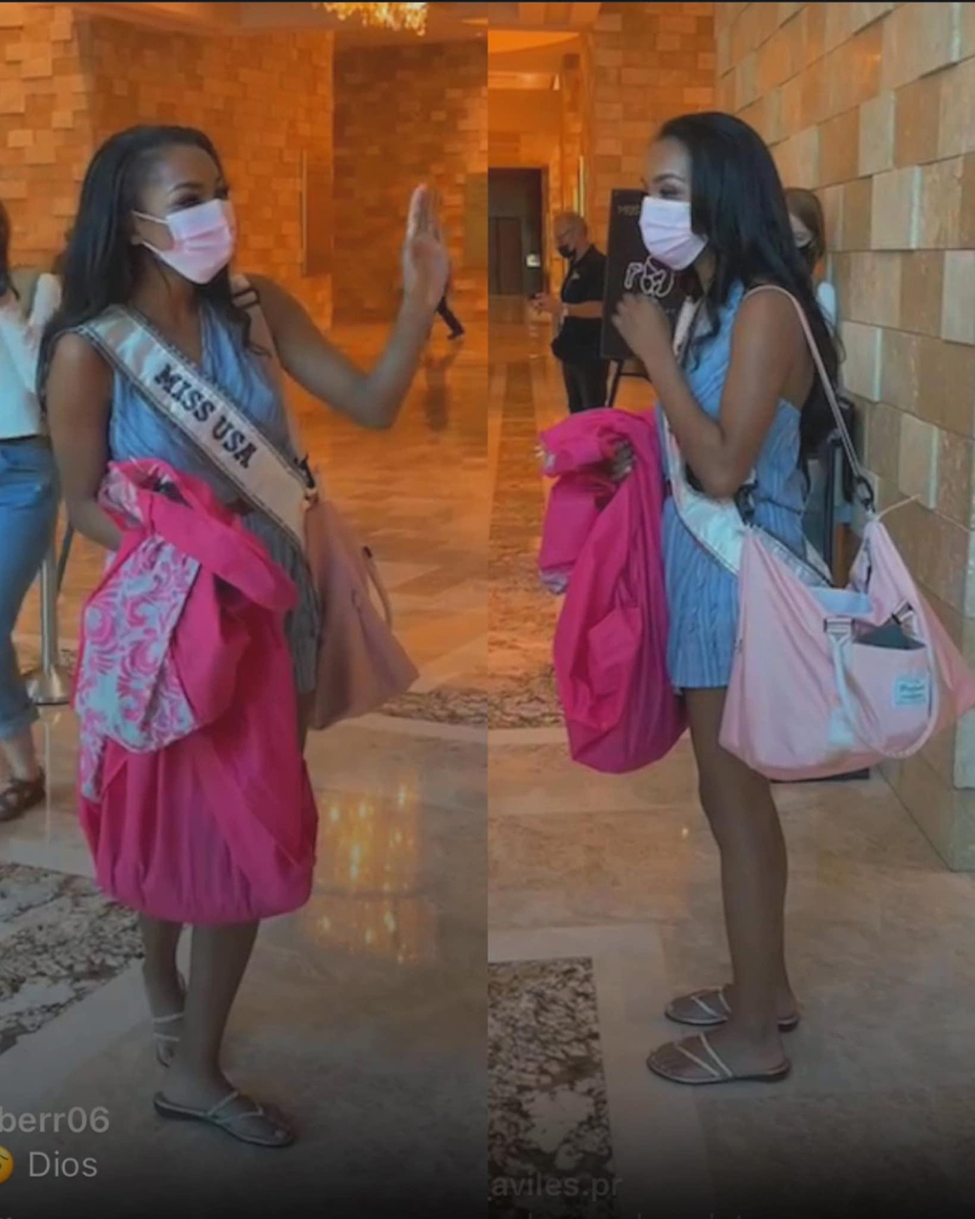 Tuy nhiên, người đẹp Mỹ có vẻ vẫn không quan tâm đến việc thay trang phục để xuất hiện trước báo giới. Cô thậm chí còn đi dép lê, xách túi luộm thuộm khiến fans hoang mang.