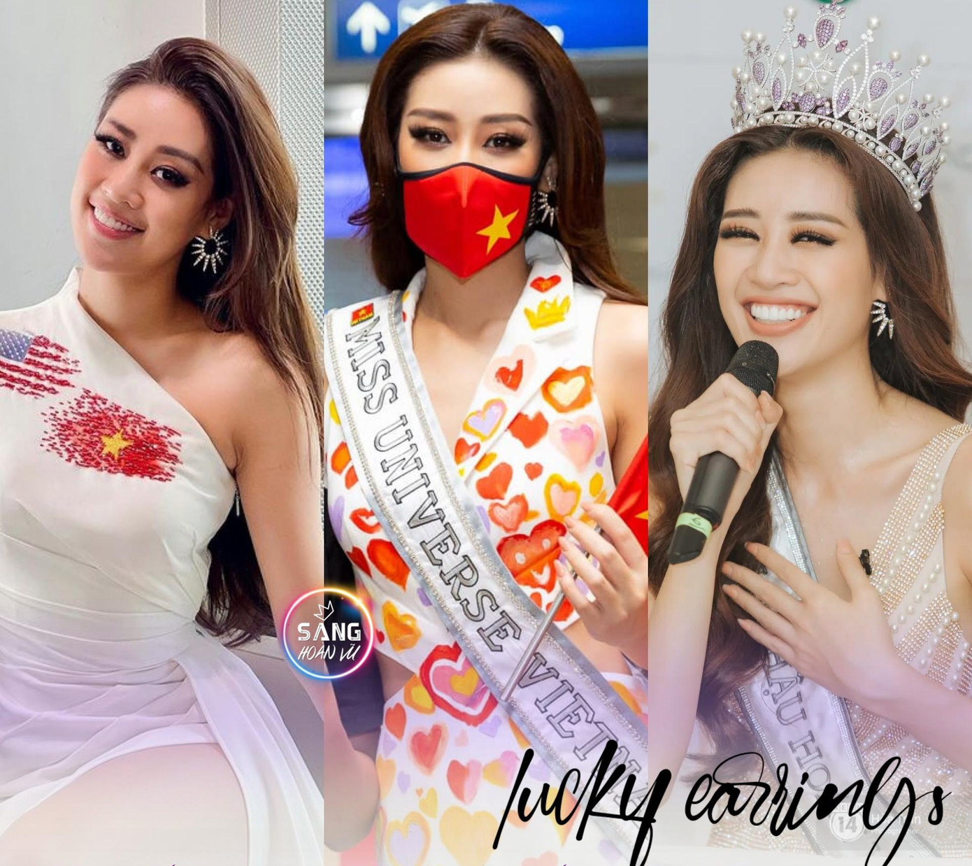 Không chỉ tính toán trong trang phục váy áo, Khánh Vân còn thể hiện sự tinh tế khi dử dụng những phụ kiện để ẩn ý những gửi gắm mà cô muốn mang tới cuộc thi. Đôi hoa tai mà cô đeo trong suốt quá trình từ san bây đến khi đặt chân tới Mỹ cũng chính là đôi hoa tai may mắn đã giúp cô có được danh hiệu Hoa hậu Hoàn vũ Việt Nam 2019. Người đẹp hy vọng sẽ được 'truyền may mắn' tại cuộc thi Miss Universe 2020.