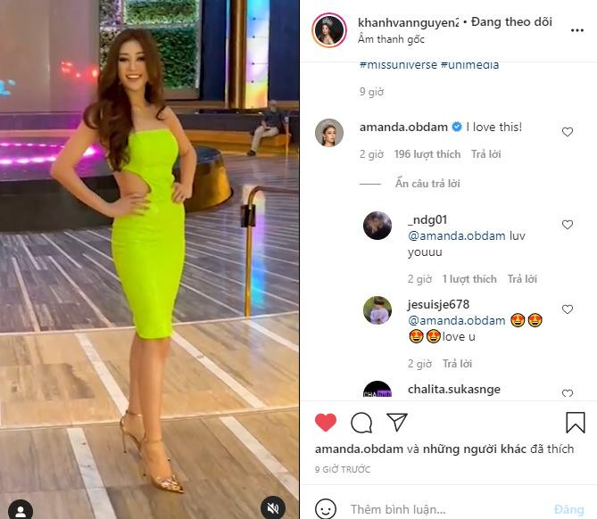 Hoa hậu Hoàn vũ Thái Lan Amanda Obdam đã bấm like và bình luận khen ngợi bộ trang phục của Khánh Vân khiến fans Việt 'bấn loạn'. Hoa hậu Hoàn vũ Thái Lan Amanda Obdam đã bấm like và bình luận khen ngợi bộ trang phục của Khánh Vân khiến fans Việt 'bấn loạn'.