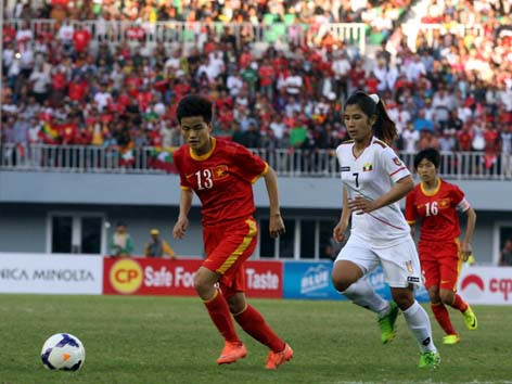 Tuyển nữ Việt Nam giành chiến thắng trước chủ nhà Myanmar. Ảnh: Tường Vũ