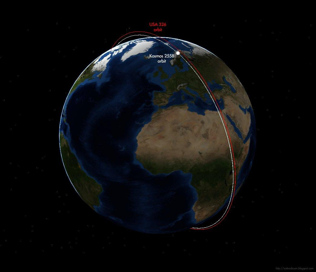 Quỹ đạo hai vệ tinh Kosmos-2542 của Nga và USA-326 của Mỹ. Ảnh: Marco Langbroek/Twitter.