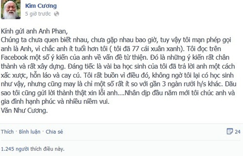 Lời xin lỗi của GS Văn Như Cương được đăng tải trên trang cá nhân. Ảnh: Chụp từ màn hình