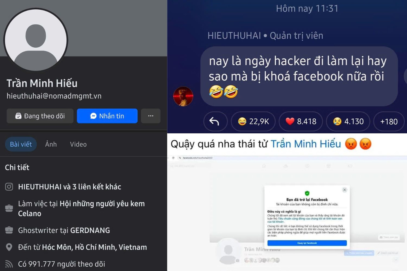 Nhân ngày người người nhà nhà đi làm lại thì HIEUTHUHAI lại... duy trì chuỗi bị khóa Facebook. Nhân ngày người người nhà nhà đi làm lại thì HIEUTHUHAI lại... duy trì chuỗi bị khóa Facebook.