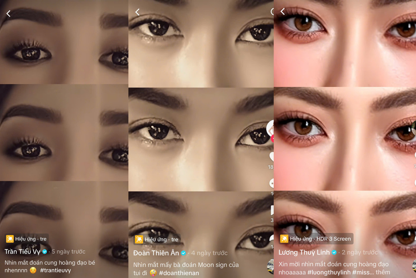 Dàn Hoa hậu Tiểu Vy, Thiên Ân, Lương Thùy Linh rủ nhau "đu trend" theo bản gốc, khoe đôi mắt long lanh thử thách fan: "Nhìn mắt đoán cung hoàng đạo nha". Dàn Hoa hậu Tiểu Vy, Thiên Ân, Lương Thùy Linh rủ nhau "đu trend" theo bản gốc, khoe đôi mắt long lanh thử thách fan: "Nhìn mắt đoán cung hoàng đạo nha".