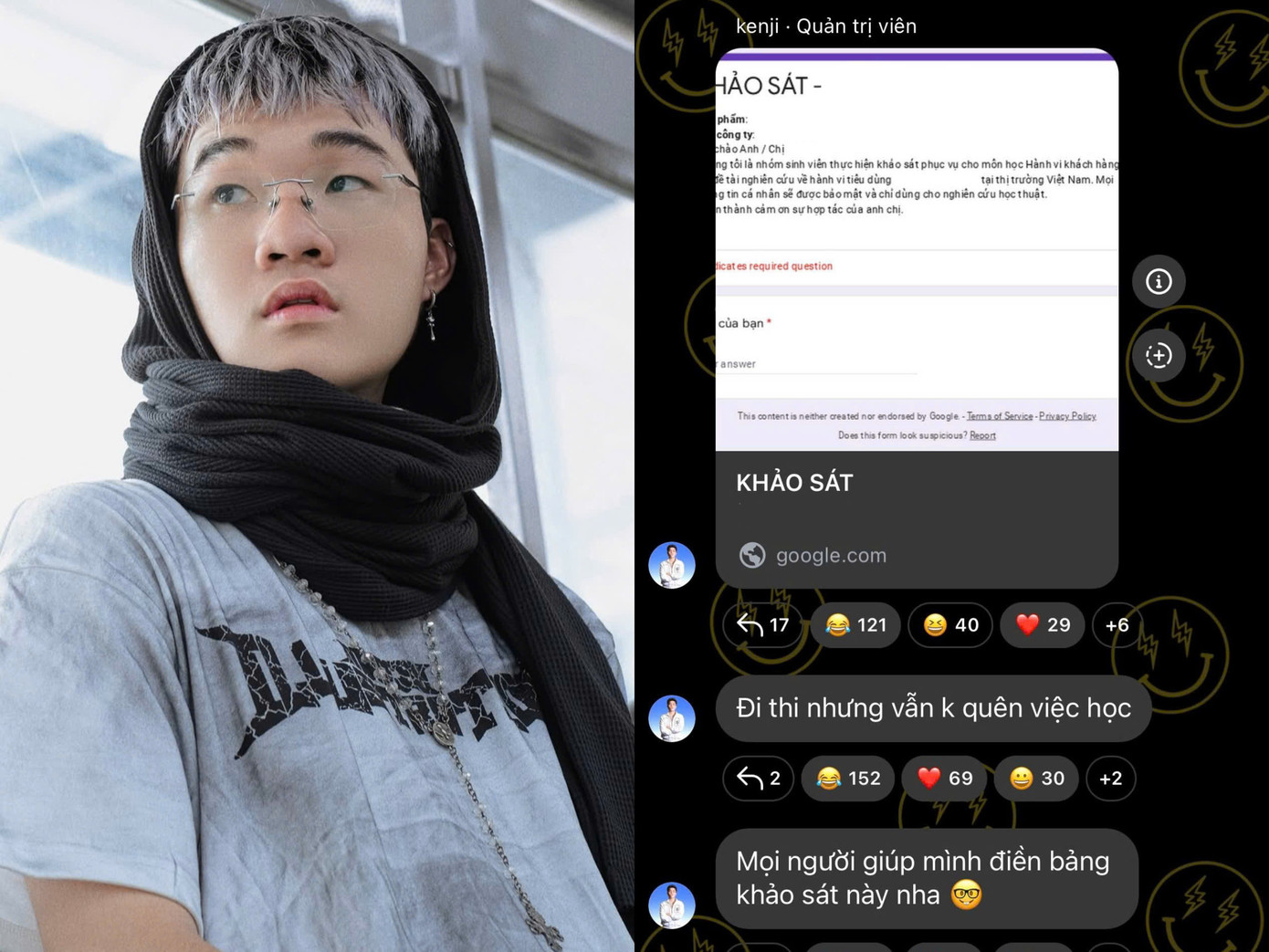 Kenji nhờ fan điền bảng khảo sát để làm báo cáo môn học. Kenji nhờ fan điền bảng khảo sát để làm báo cáo môn học.