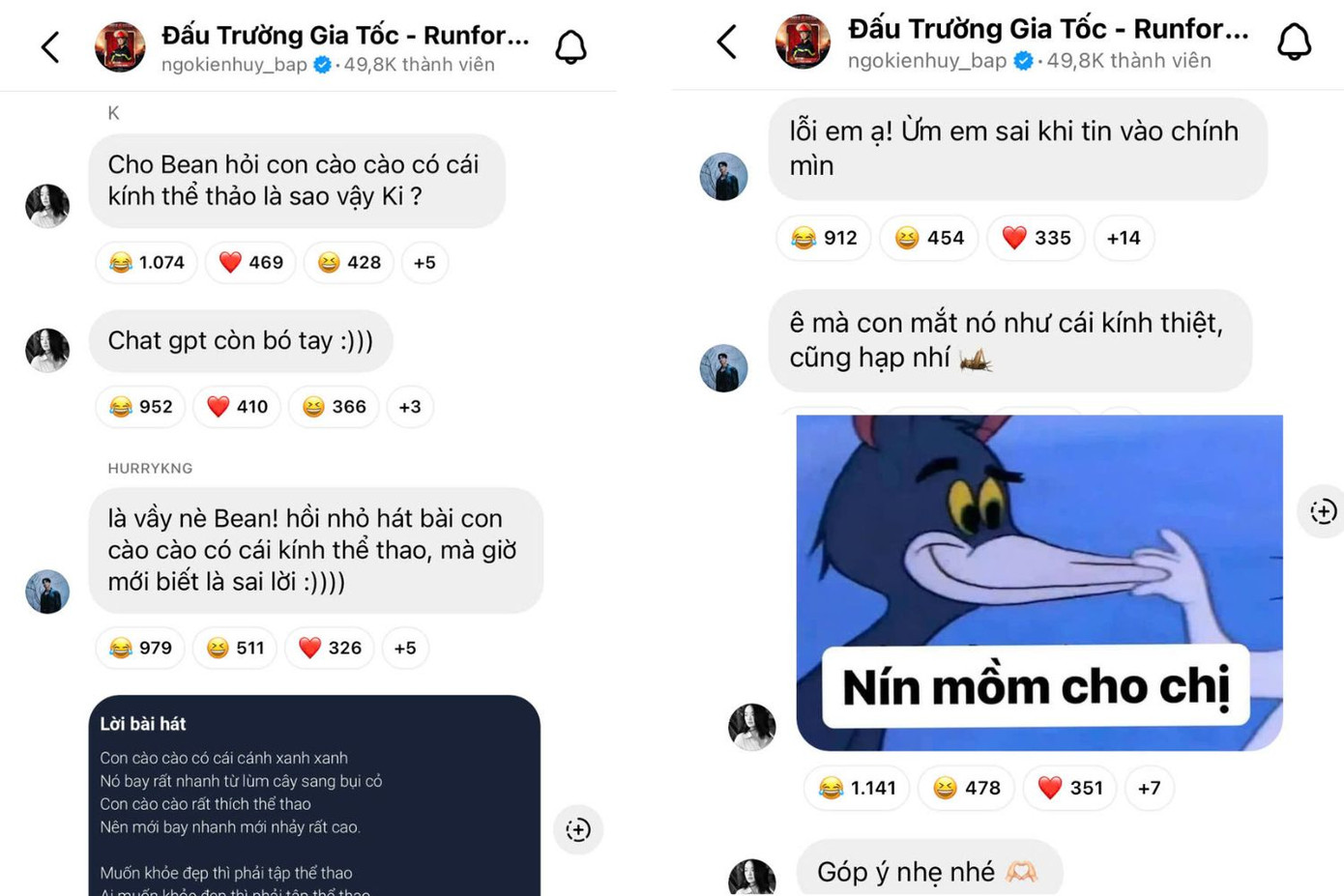 HURRYKNG nỗ lực giải thích cho cô bạn đồng niên câu thoại vô tri: “Con cào cào có cái kính thể thao”.