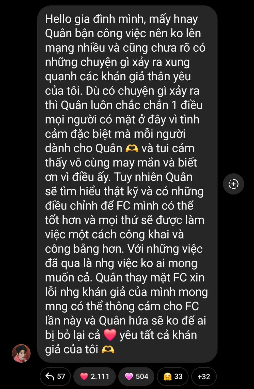 Quân A.P bày tỏ mong muốn khán giả thông cảm cho FC của mình.