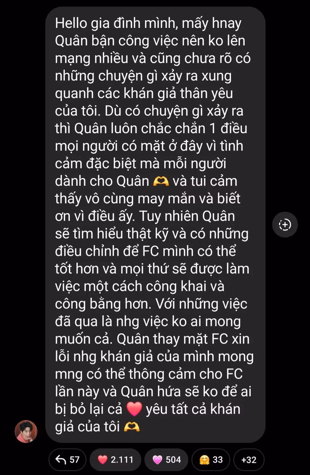 Quân A.P bày tỏ mong muốn khán giả thông cảm cho FC của mình.