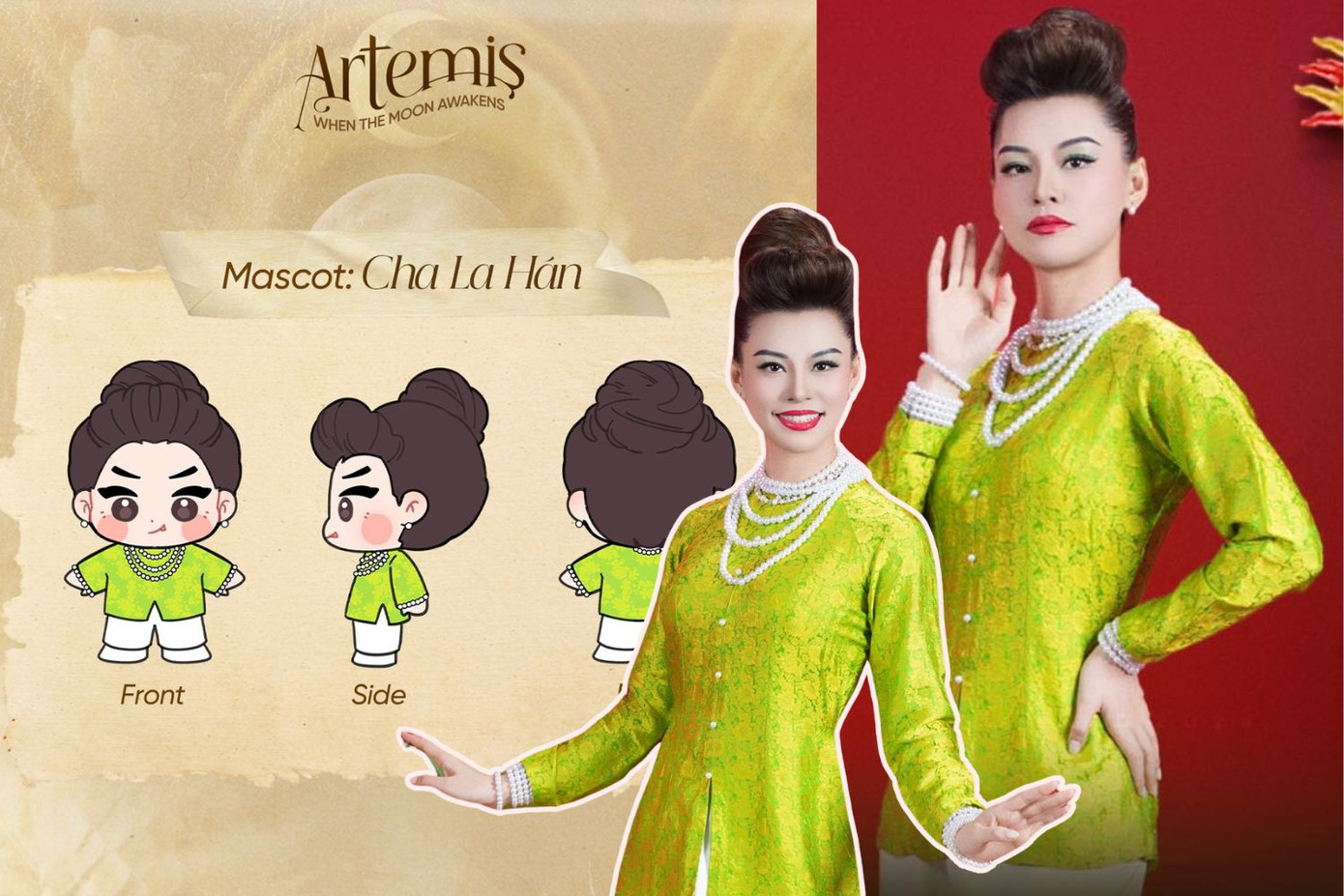 Mascot có tên "Cha La Hán" được lấy cảm hứng từ tạo hình "tuyệt đối điện ảnh" của Bùi Lan Hương trong hoạt cảnh Tết "Gòy" Cưới "Luông".