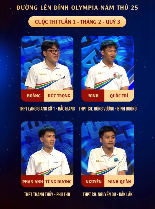 Bốn thí sinh mở màn Tháng 2 - Quý 3. Ảnh: Facebook Đường Lên Đỉnh Olympia Bốn thí sinh mở màn Tháng 2 - Quý 3. Ảnh: Facebook Đường Lên Đỉnh Olympia