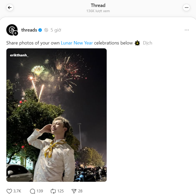 Threads chia sẻ bài đăng đón Giao thừa của ERIK. Threads chia sẻ bài đăng đón Giao thừa của ERIK.