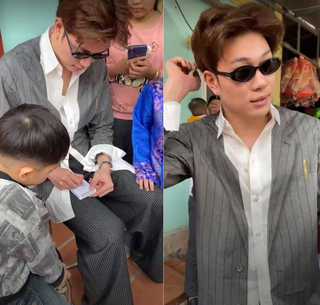 Ở góc chụp khác, khi đeo thêm đôi kính đen, Dương Domic đã trông giống idol hơn và miệt mài ký tặng fan nhí.