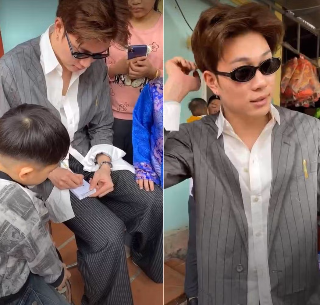 Ở góc chụp khác, khi đeo thêm đôi kính đen, Dương Domic đã trông giống idol hơn và miệt mài ký tặng fan nhí.