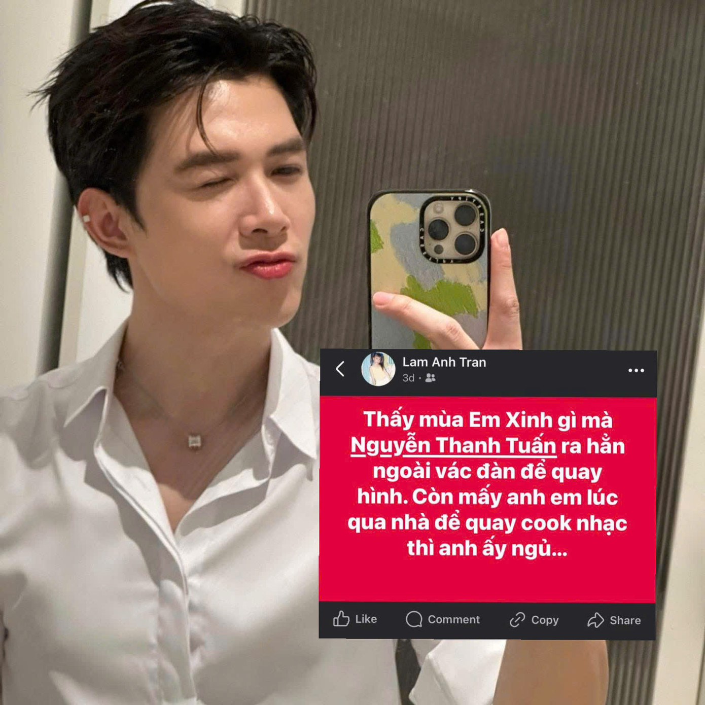 “Thấy mùa Em Xinh gì mà anh Tuấn ra hẳn ngoài vác đàn để quay hình. Còn mấy anh em lúc qua nhà để làm nhạc thì anh ấy ngủ” - Atus viết. “Thấy mùa Em Xinh gì mà anh Tuấn ra hẳn ngoài vác đàn để quay hình. Còn mấy anh em lúc qua nhà để làm nhạc thì anh ấy ngủ” - Atus viết.