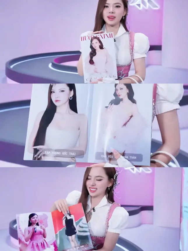 Nữ ca sĩ gây thích thú khi mang hẳn "cẩm nang góc mặt đẹp" đến chương trình. Ảnh: BTC. Nữ ca sĩ gây thích thú khi mang hẳn "cẩm nang góc mặt đẹp" đến chương trình. Ảnh: BTC.