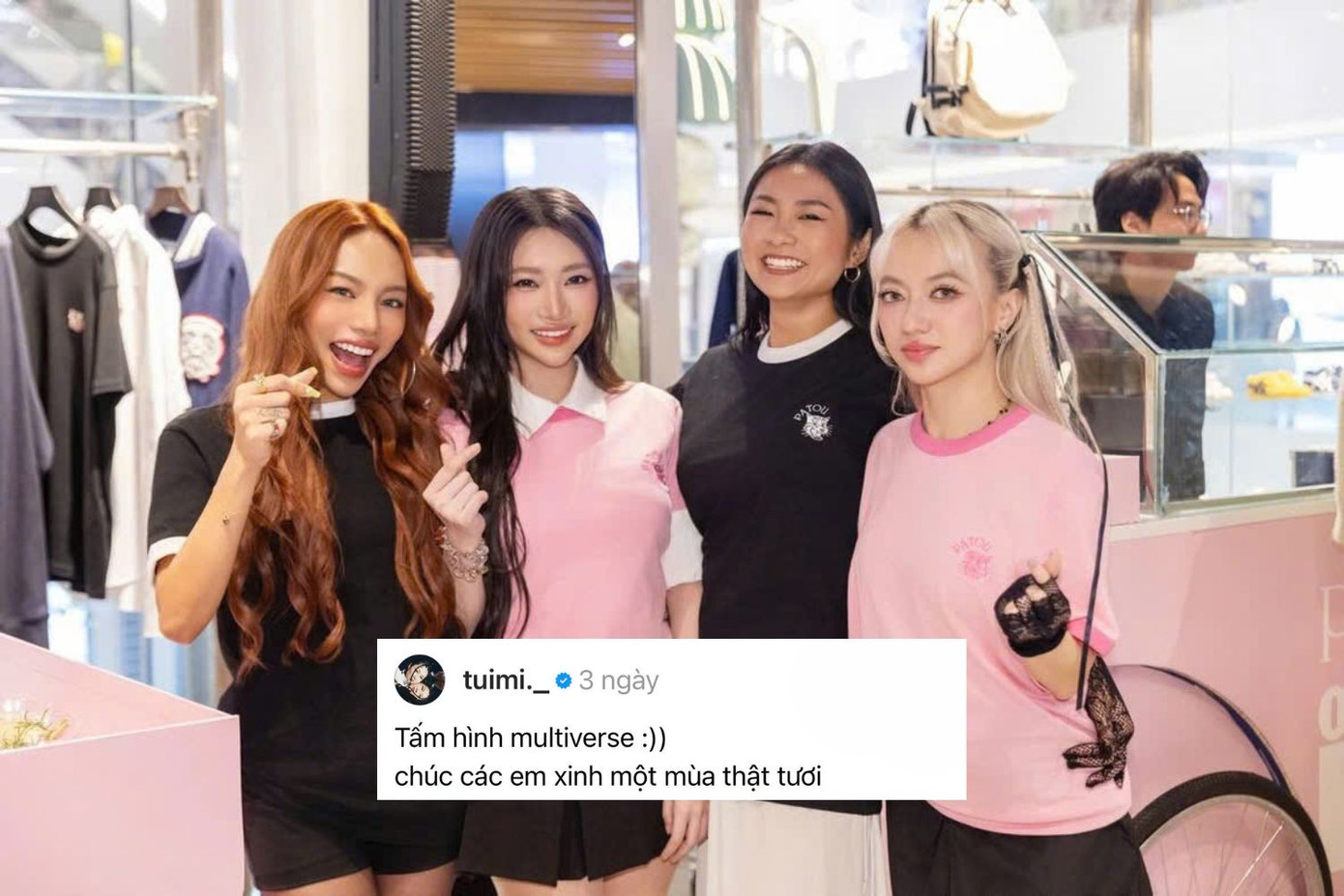 Tuimi “mở màn” bằng tấm ảnh chụp chung với Chị Đẹp Xuân Nghi và hai Em Xinh Vũ Thảo My, Orange trong một sự kiện vào năm ngoái.