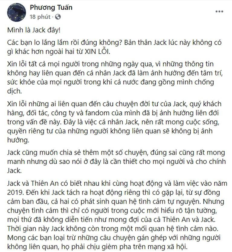 Jack lên tiếng sau khi vướng ồn ào tình cảm với Thiên An vào đầu tháng 8/2021.