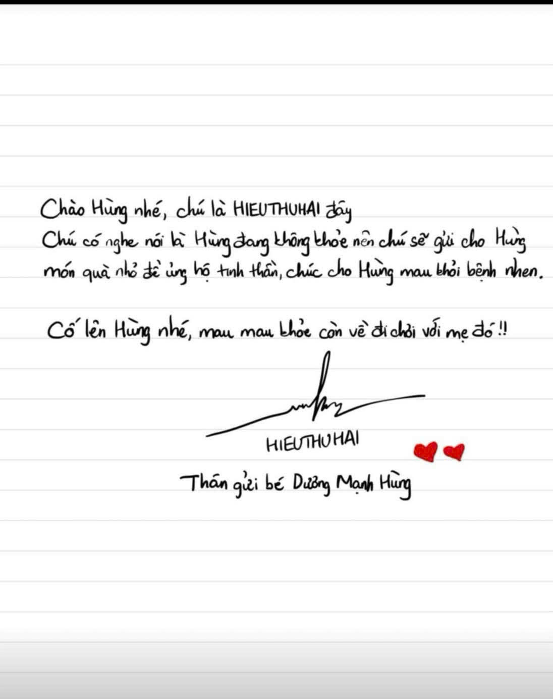 Bức thư động viên kèm chữ ký của HIEUTHUHAI. Bức thư động viên kèm chữ ký của HIEUTHUHAI.