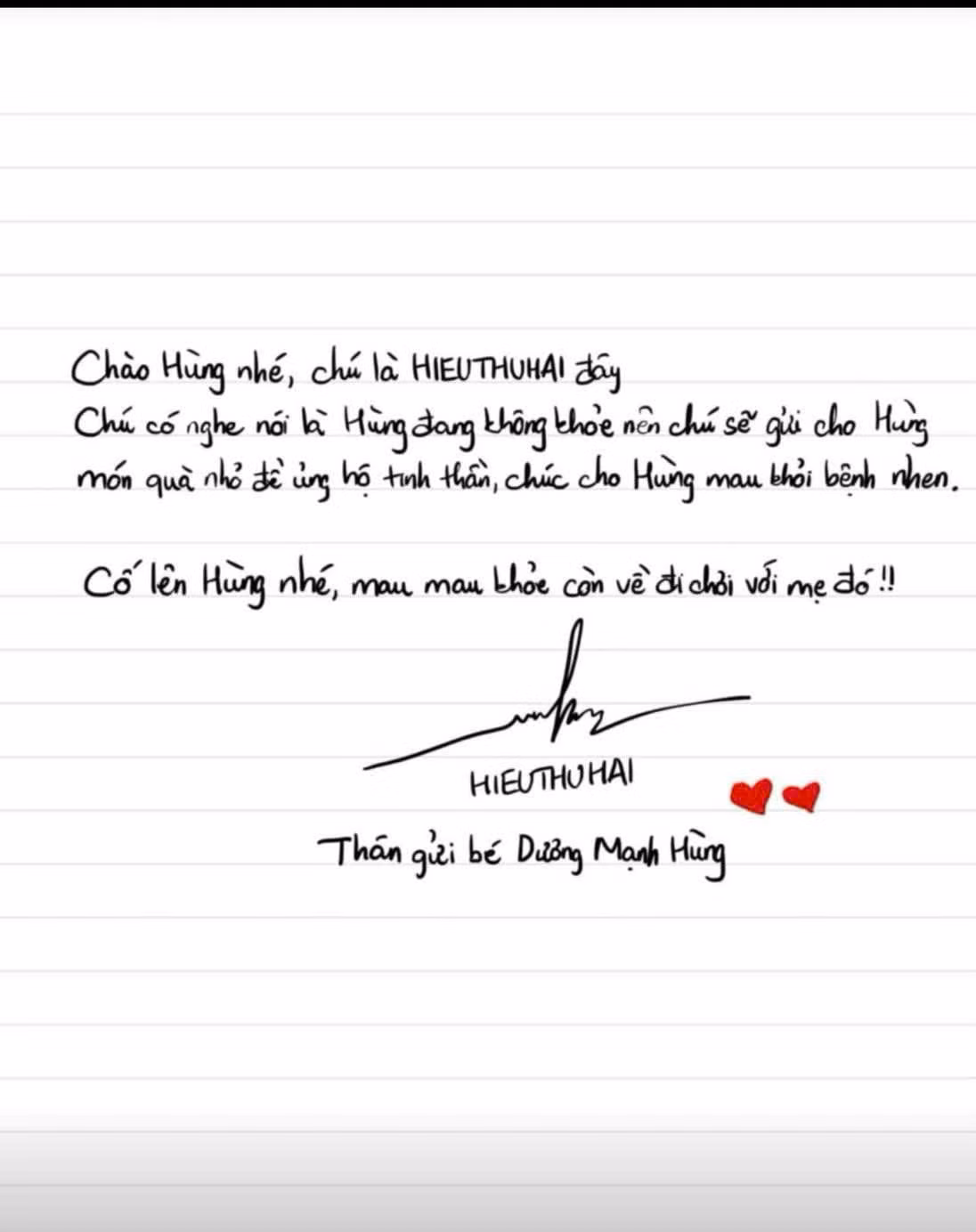 Bức thư động viên kèm chữ ký của HIEUTHUHAI.