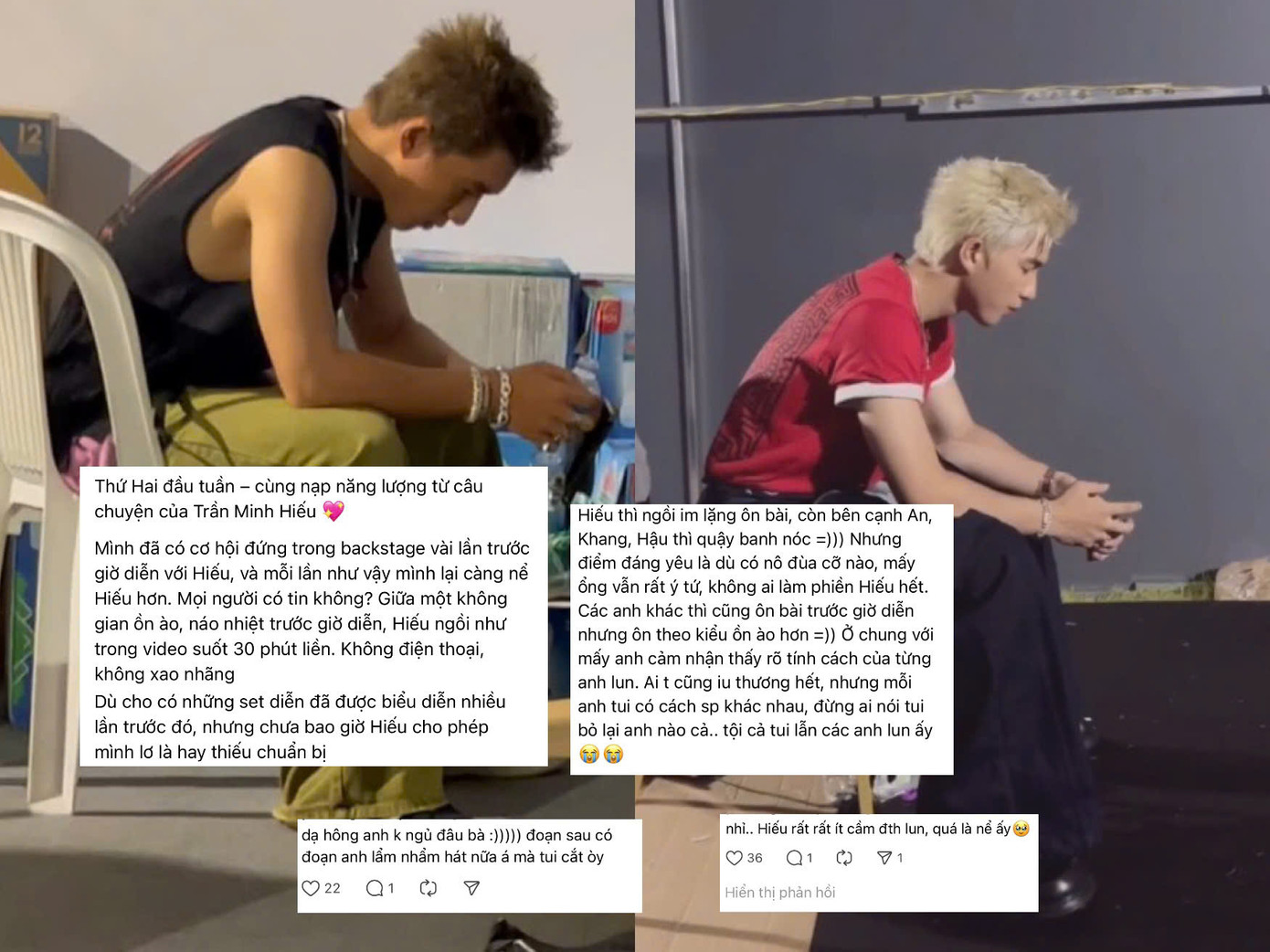 Chủ nhân của video xúc động chia sẻ: "Mình đã có cơ hội đứng trong backstage vài lần trước giờ diễn với Hiếu, và mỗi lần như vậy mình lại càng nể Hiếu hơn".