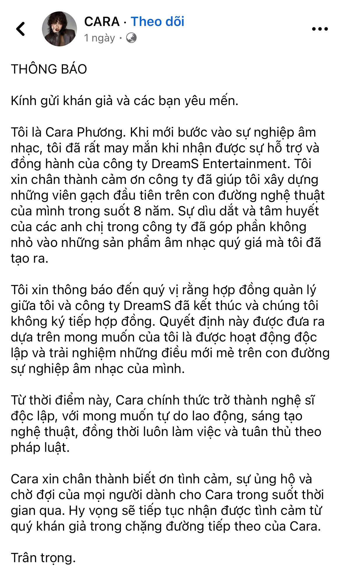 Cara Phương thông báo chính thức rời công ty.