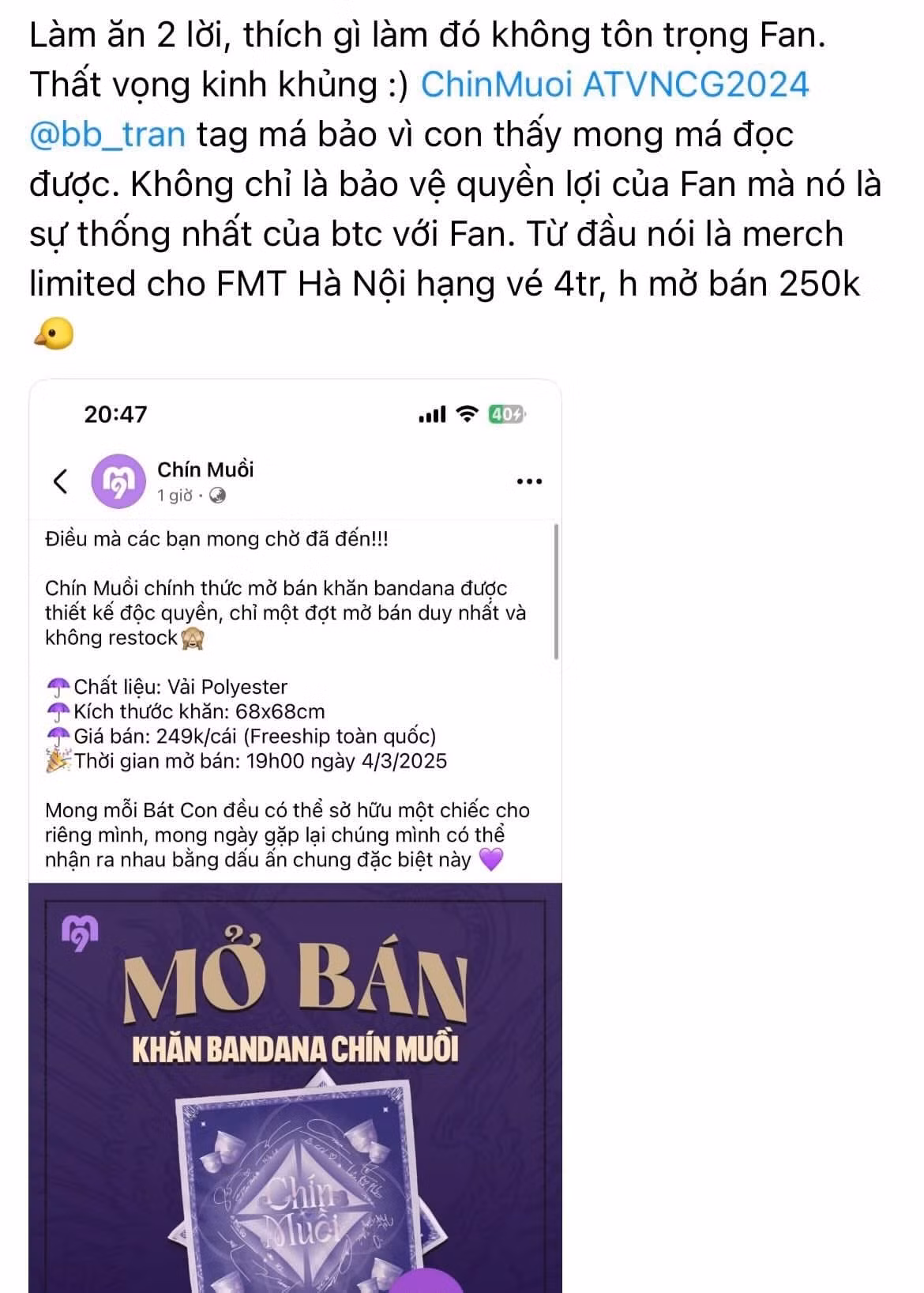 Một tài khoản gây chú ý khi trực tiếp nhắc tên Anh tài BB Trần vào cuộc tranh cãi.