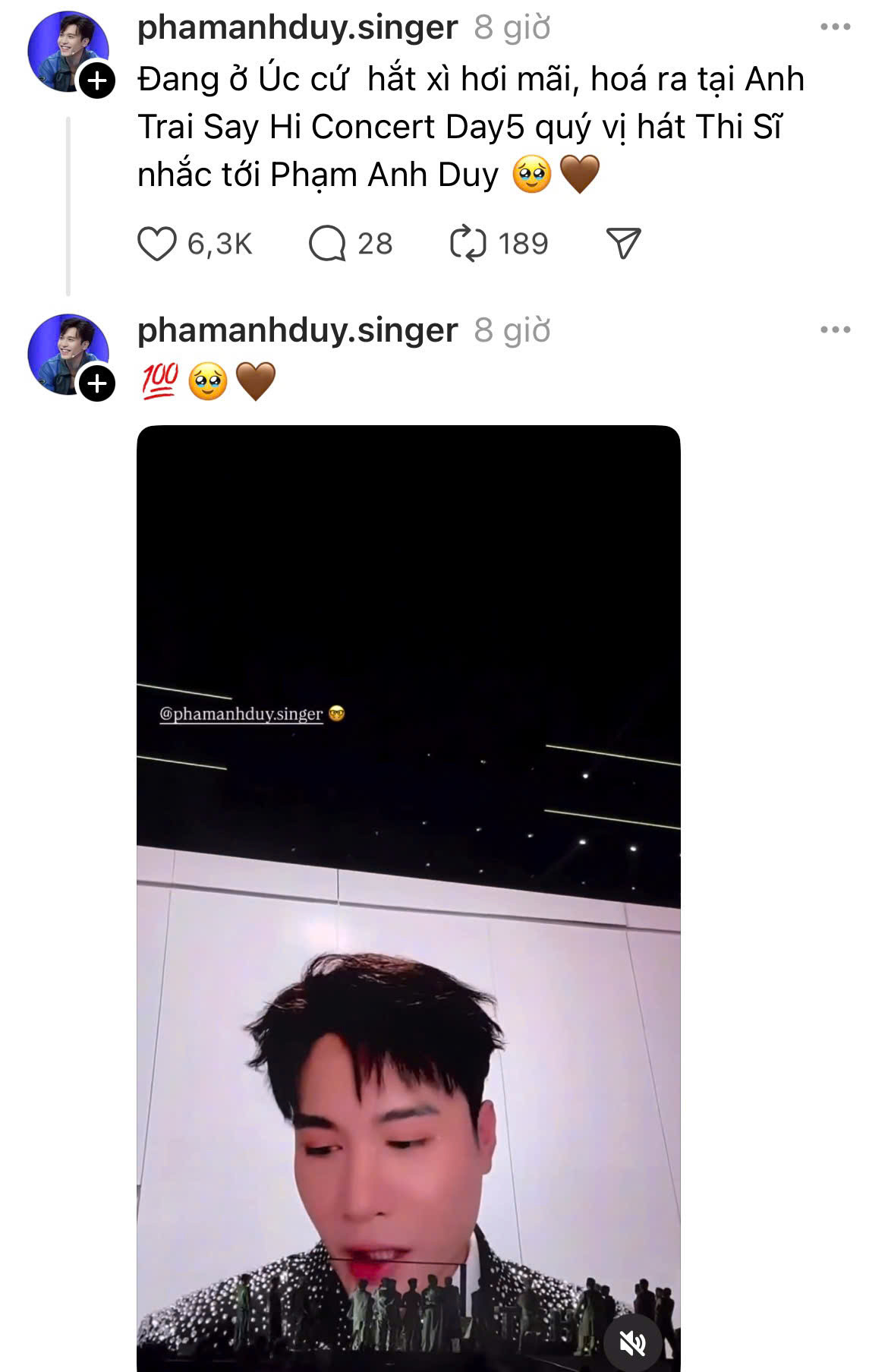 Dù không thể trực tiếp tham gia biểu diễn tại concert ATSH D-5, nhưng Phạm Anh Duy vẫn không quên bày tỏ lòng biết ơn khi được khán giả nhớ đến và gọi tên.