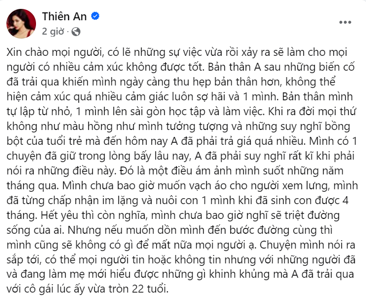 Thiên An trải lòng về khoảng thời gian khó khăn khi vừa tròn 22 tuổi. Thiên An trải lòng về khoảng thời gian khó khăn khi vừa tròn 22 tuổi.
