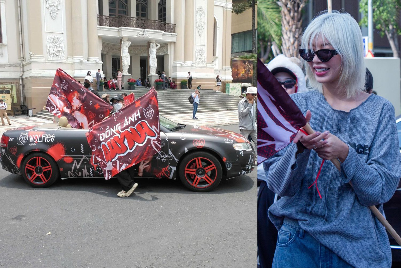 Chiều 11/4, Đồng Ánh Quỳnh check-in cùng siêu xe và cờ do FC chuẩn bị. - Ảnh: @the.boatt