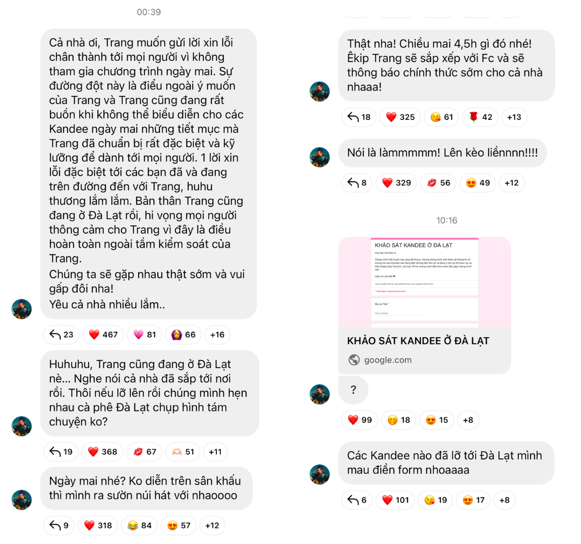 Trang Pháp lên tiếng an ủi fan ngay trong đêm, “lên kèo” gặp mặt các Kandee đã có mặt tại Đà Lạt.