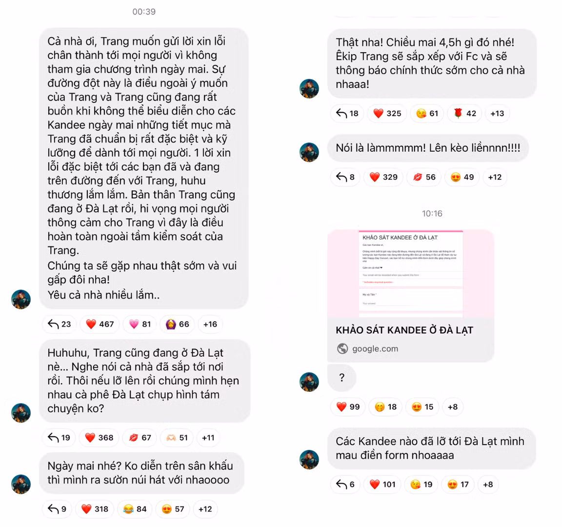 Trang Pháp lên tiếng an ủi fan ngay trong đêm, “lên kèo” gặp mặt các Kandee đã có mặt tại Đà Lạt.