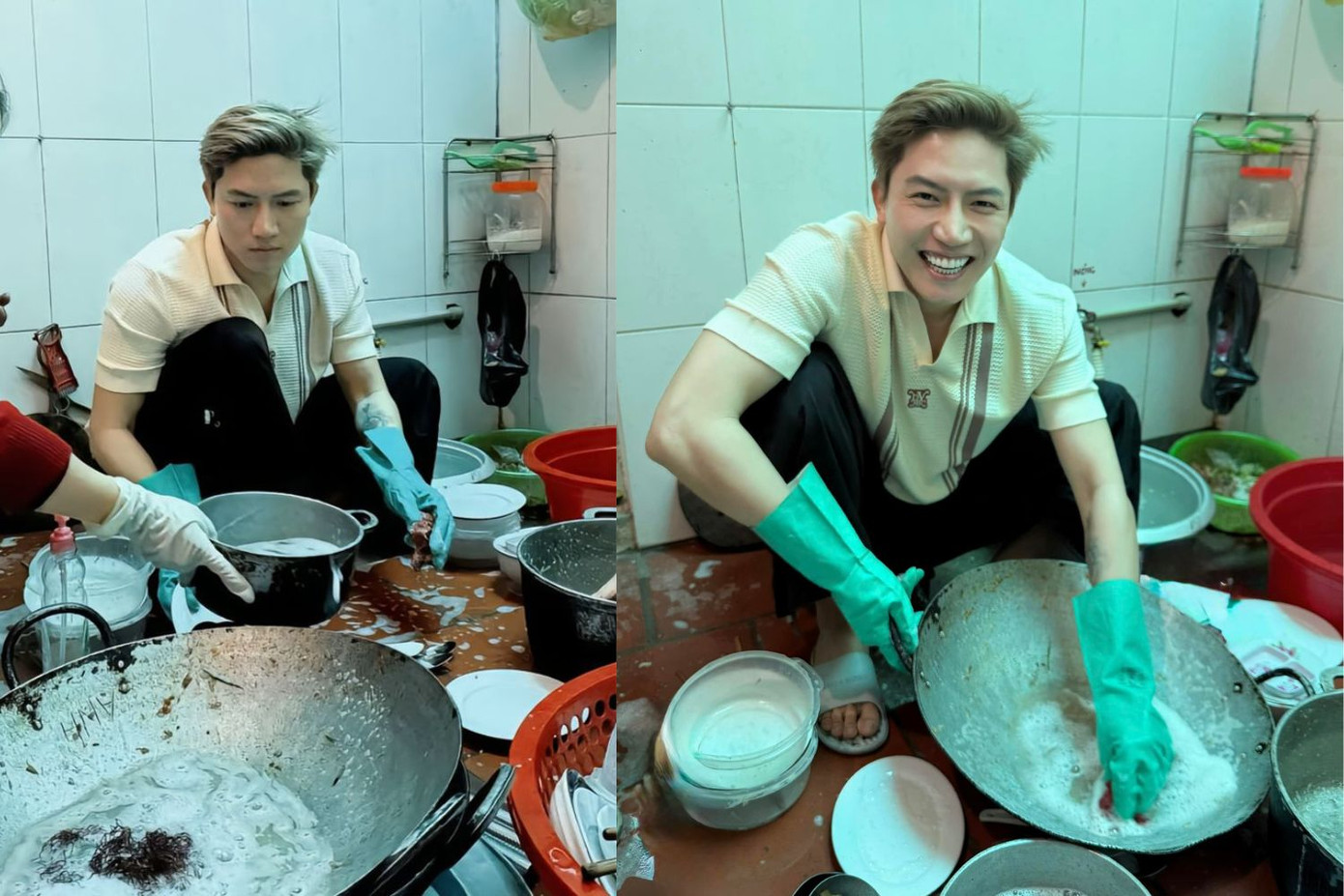 Anh Tú và biểu cảm "cực kỳ hài lòng" với công việc thường niên vào mỗi dịp về quê đón Tết: Rửa bát sau khi tiệc tàn. Anh Tú và biểu cảm "cực kỳ hài lòng" với công việc thường niên vào mỗi dịp về quê đón Tết: Rửa bát sau khi tiệc tàn.