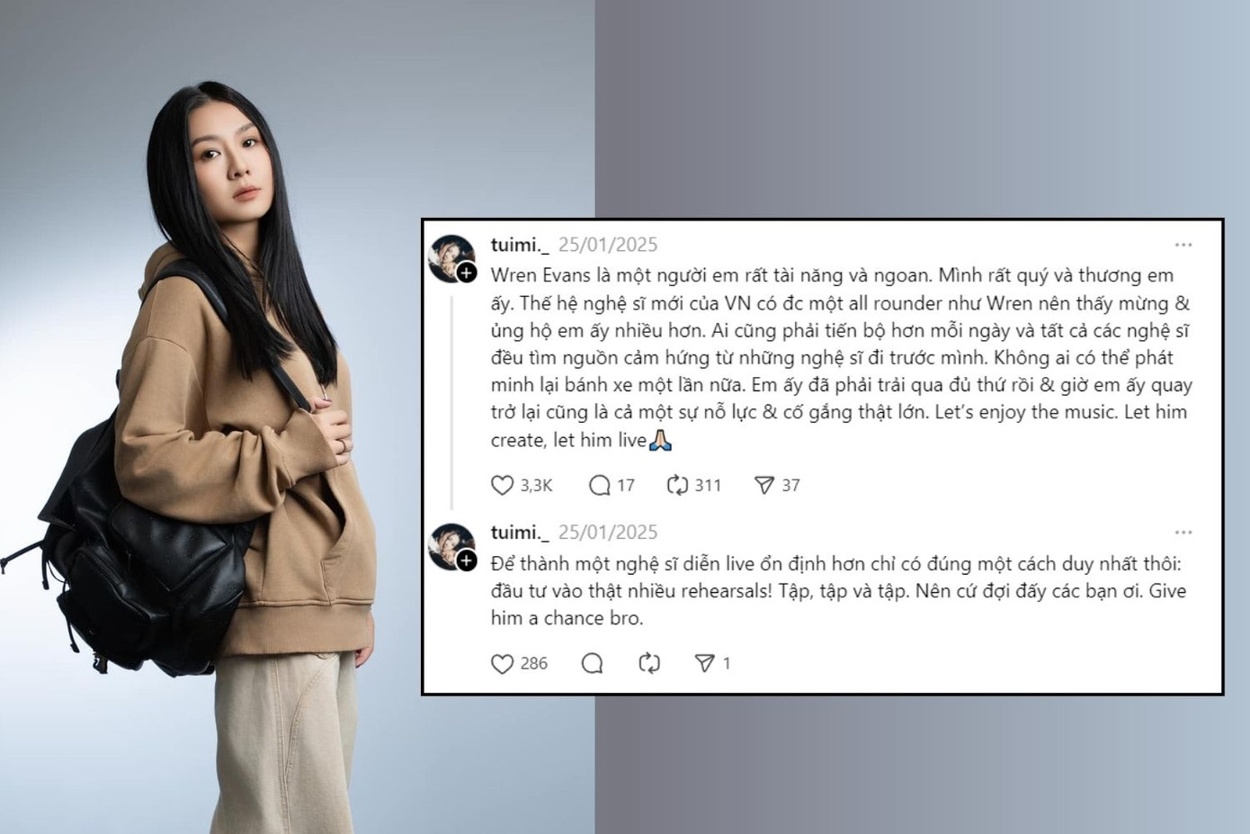 Wren Evans được đàn chị Tuimi dành lời khen và góp ý định hướng sắp tới. Wren Evans được đàn chị Tuimi dành lời khen và góp ý định hướng sắp tới.