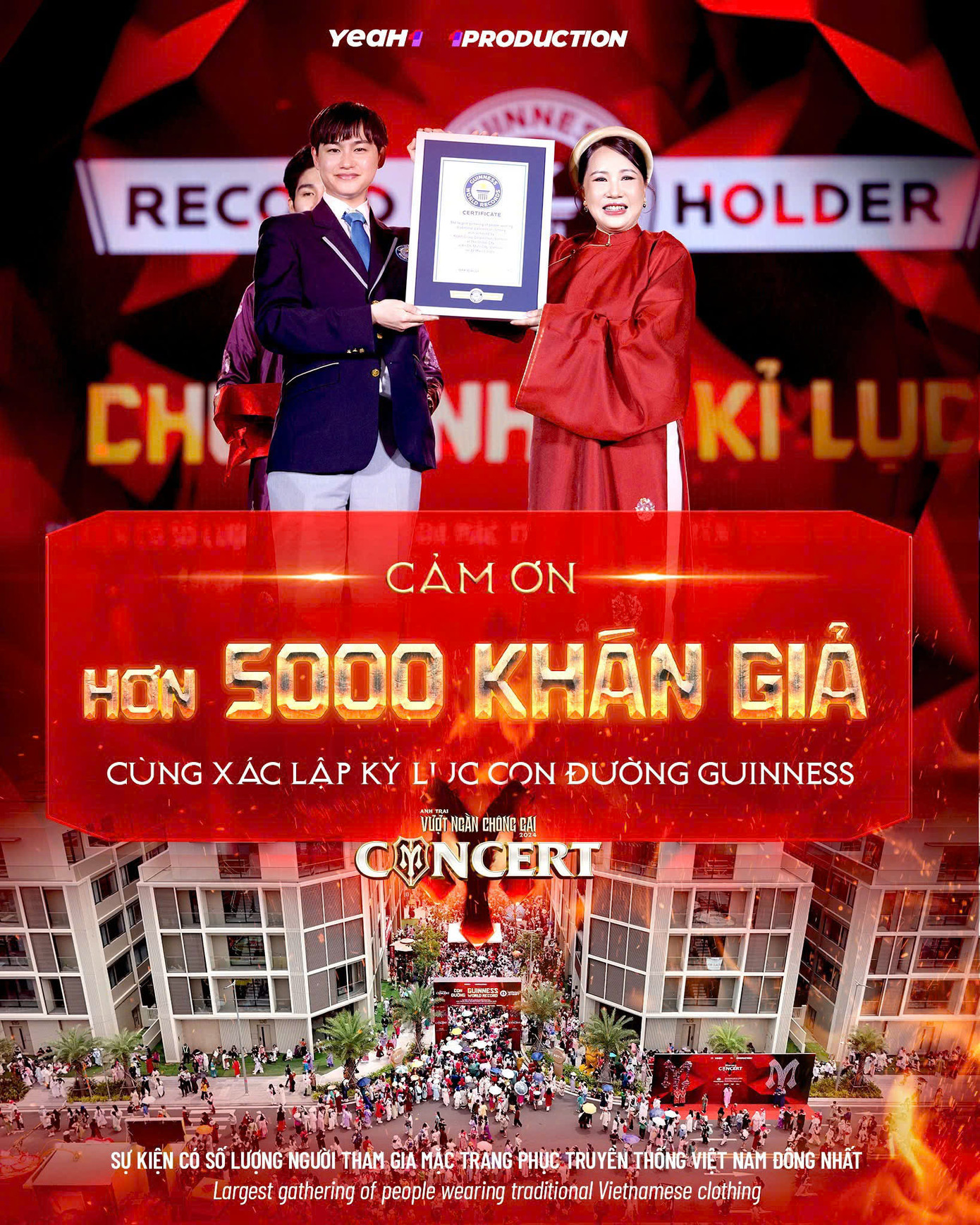 Trong đêm concert, BTC chương trình "gặt" thêm thành tích khi xác lập kỷ lục Guinness về "Sự kiện có số lượng người tham gia mặc trang phục truyền thống Việt Nam đông nhất". Ảnh: BTC Trong đêm concert, BTC chương trình "gặt" thêm thành tích khi xác lập kỷ lục Guinness về "Sự kiện có số lượng người tham gia mặc trang phục truyền thống Việt Nam đông nhất". Ảnh: BTC