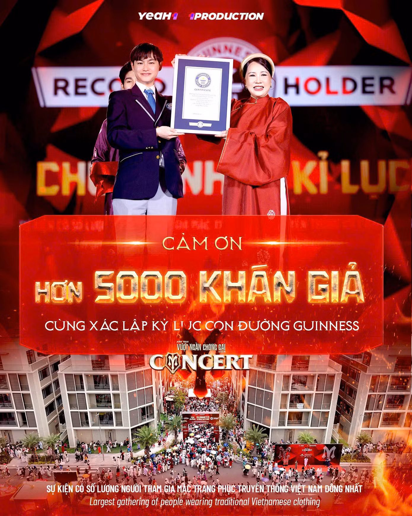 Trong đêm concert, BTC chương trình "gặt" thêm thành tích khi xác lập kỷ lục Guinness về "Sự kiện có số lượng người tham gia mặc trang phục truyền thống Việt Nam đông nhất". Ảnh: BTC