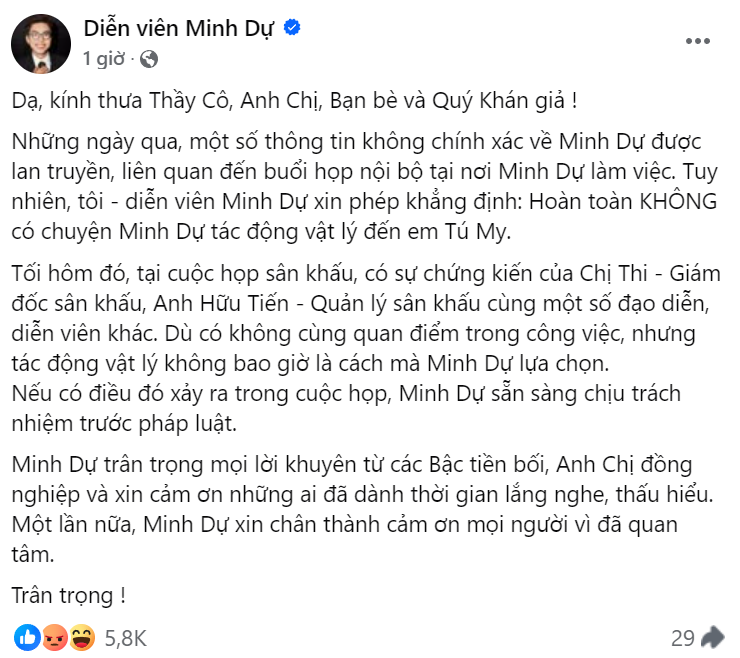 Dẫu vậy, bài đăng giải thích của Minh Dự hiện đang nhận nhiều lượt phẫn nộ từ netizen. Nam diễn viên cũng có động thái giới hạn bình luận. Dẫu vậy, bài đăng giải thích của Minh Dự hiện đang nhận nhiều lượt phẫn nộ từ netizen. Nam diễn viên cũng có động thái giới hạn bình luận.