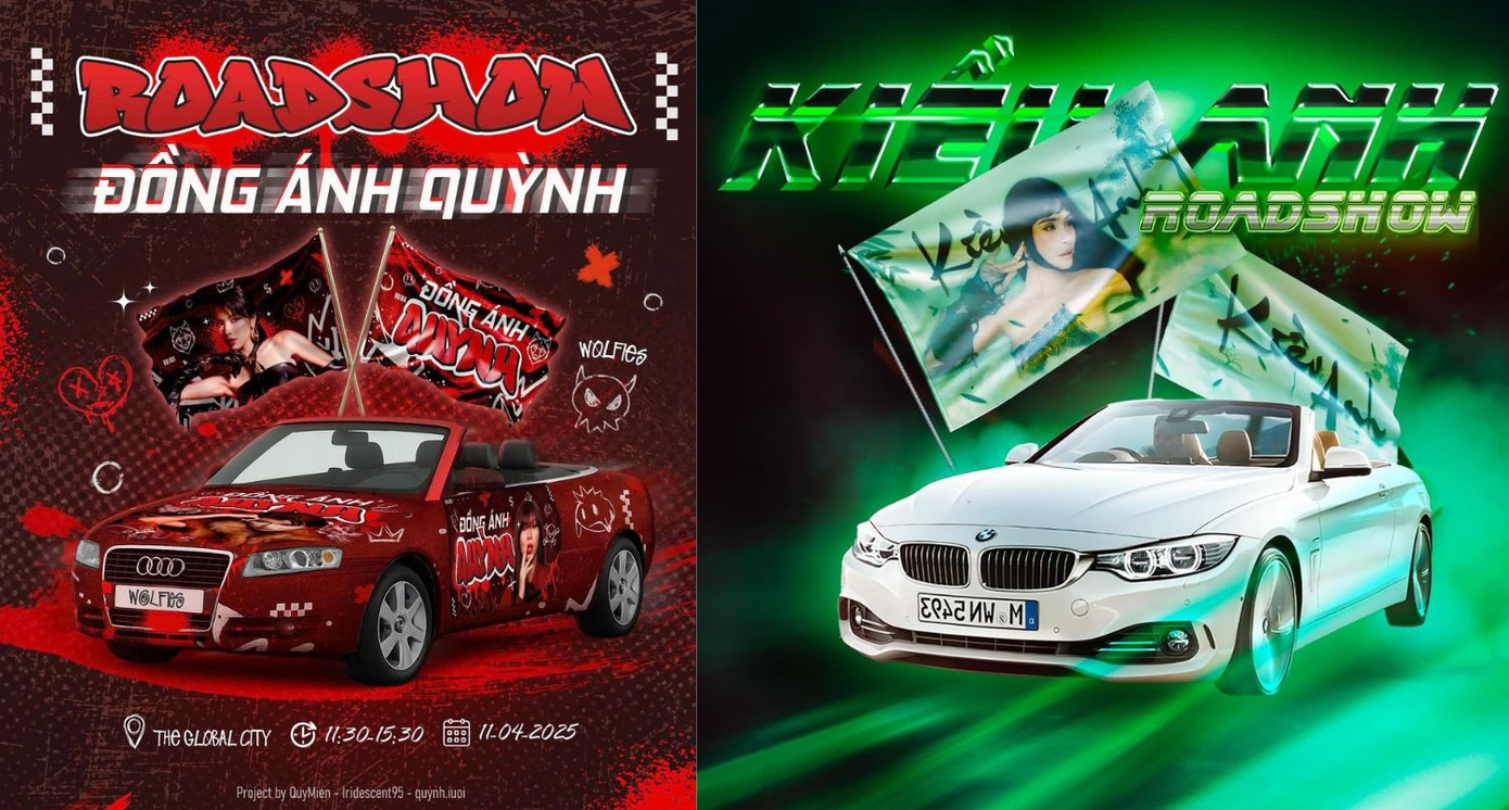 FC Kiều Anh và FC Đồng Ánh Quỳnh đầu tư mạnh tay khi thuê siêu xe treo cờ mang hình ảnh thần tượng để quảng bá trong khu vực tổ chức concert.