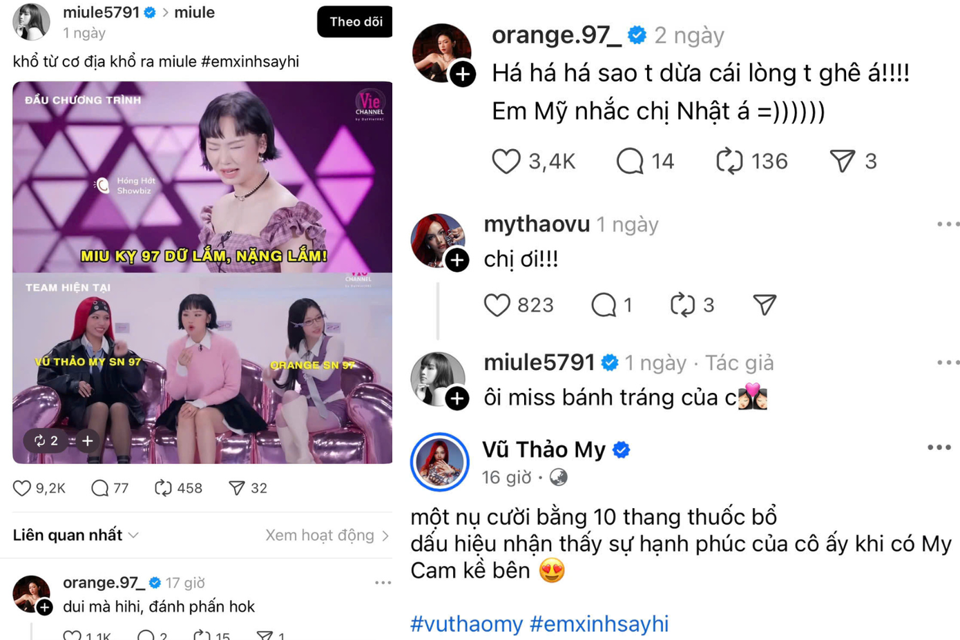 "Bộ đôi 97line" Orange - Vũ Thảo My quyết tâm "dí" Miu Lê trên mọi mặt trận. "Bộ đôi 97line" Orange - Vũ Thảo My quyết tâm "dí" Miu Lê trên mọi mặt trận.