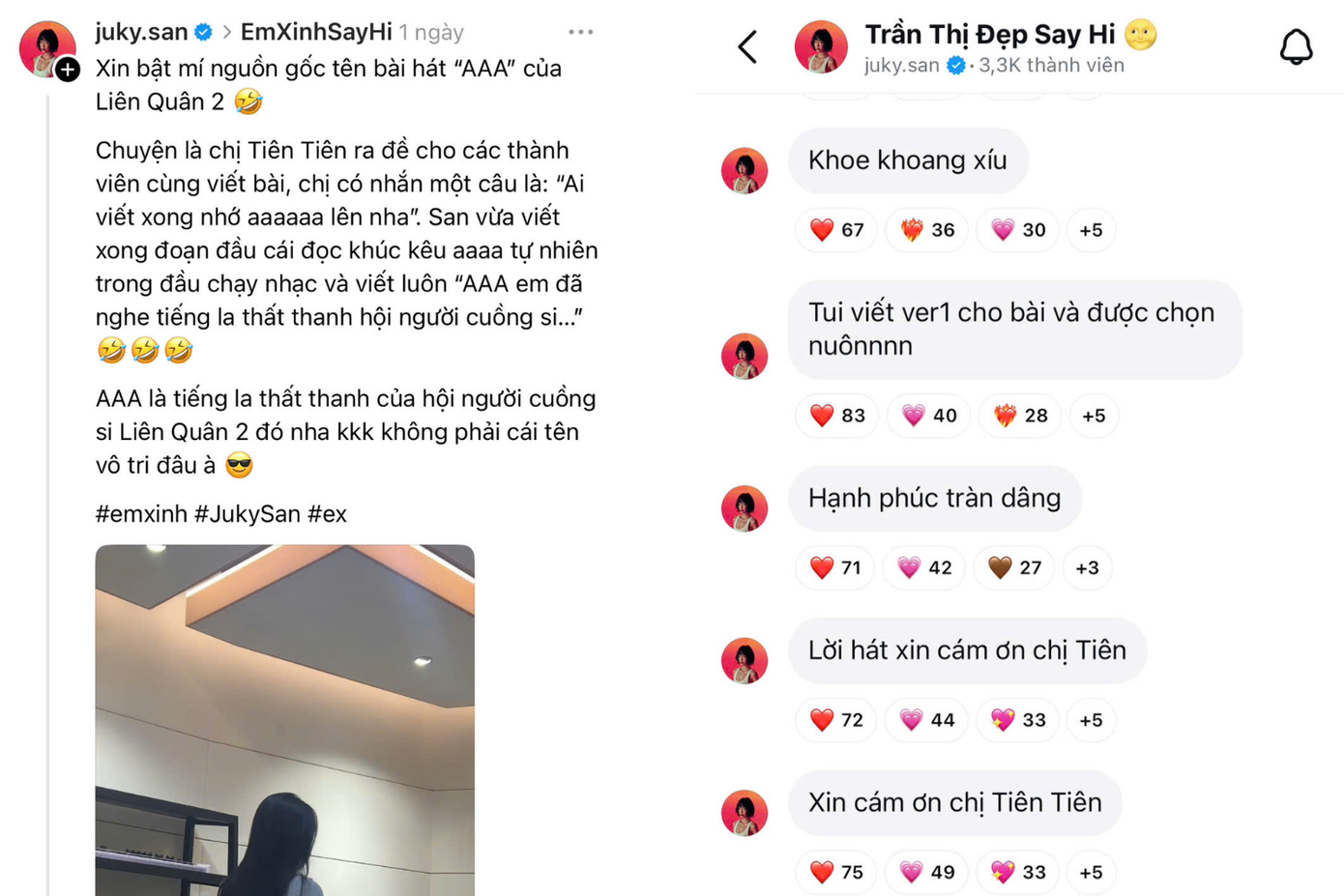 Juky San gửi lời cảm ơn Tiên Tiên vì đã để cô góp lời cho ca khúc AAA. Juky San gửi lời cảm ơn Tiên Tiên vì đã để cô góp lời cho ca khúc AAA.