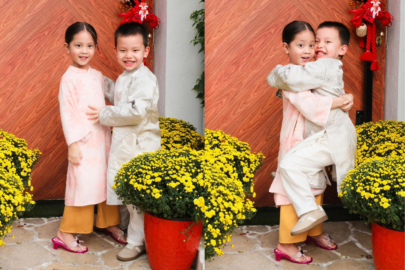 Hai nhóc tì thay đổi concept ở bộ ảnh thứ hai, Lisa búi tóc, Leon đổi áo dài mới nhưng cả hai vẫn tinh nghịch, "quậy hết cỡ" tạo nên những tấm ảnh quá là cưng. Hai nhóc tì thay đổi concept ở bộ ảnh thứ hai, Lisa búi tóc, Leon đổi áo dài mới nhưng cả hai vẫn tinh nghịch, "quậy hết cỡ" tạo nên những tấm ảnh quá là cưng.