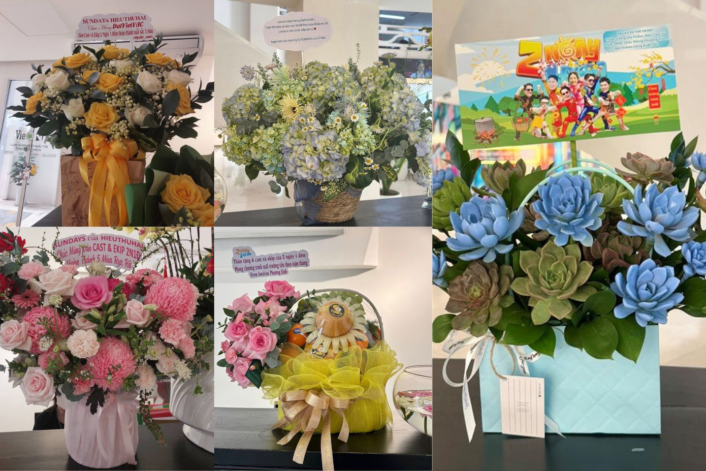 Nhiều giỏ hoa tươi được fan gửi về tặng ê-kíp chương trình. Ảnh: 2 Ngày 1 Đêm Vietnam