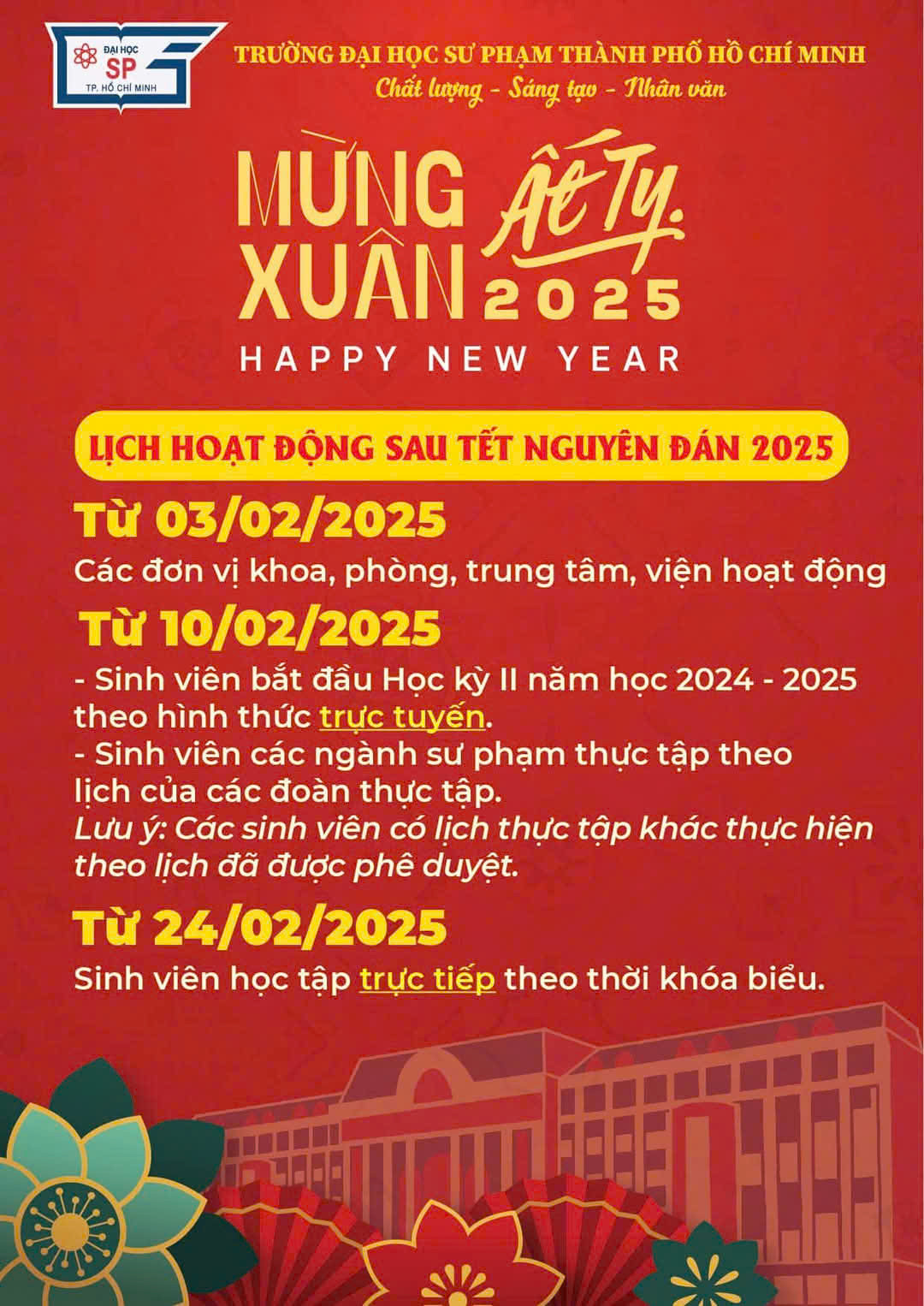 Sinh viên ĐH Sư phạm TP.HCM được tạo điều kiện đến ngày 24/2 mới quay trở lại trường học. Nguồn ảnh: Trường ĐH Sư phạm TP.HCM