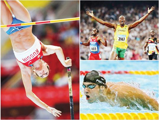 Từ trái sang phải, từ trên xuống dưới: Yelena Isinbayeva (Nga), Usain Bolt(Jamaica), Michael Phelps (Mỹ)