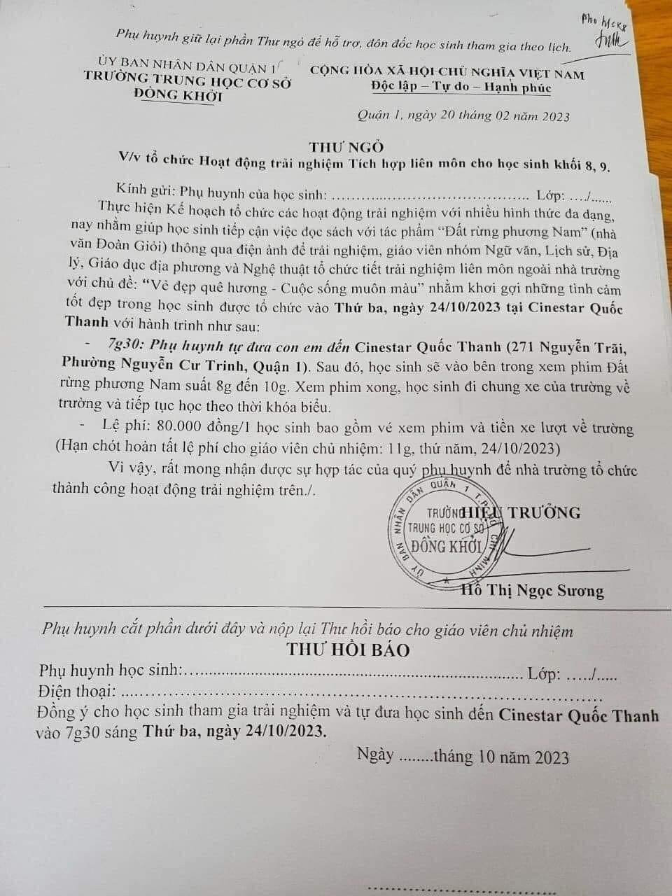 Thư ngỏ được cho là của trường THCS Đồng Khởi, quận 1, TPHCM về việc vận động phụ huynh học sinh đi xem Đất rừng Phương Nam.
