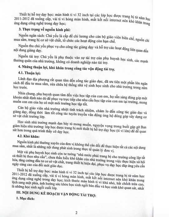 Văn bản vận động mua mới tivi nêu khó khăn của Trường Tiểu học Kim Đồng